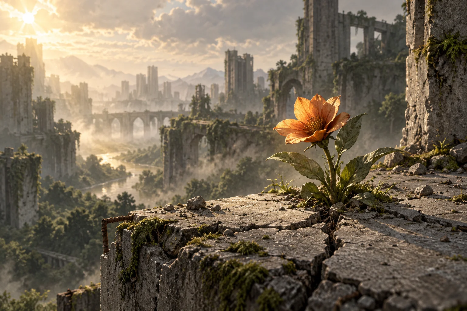 Concept artwork of an amber flower growing through weathered concrete ruins.