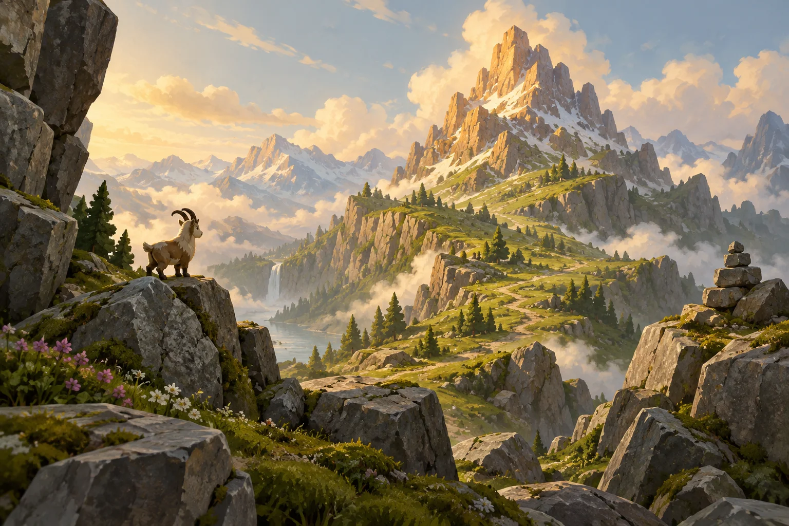 Concept artwork of a sunlit stone mountain and winding green hills.